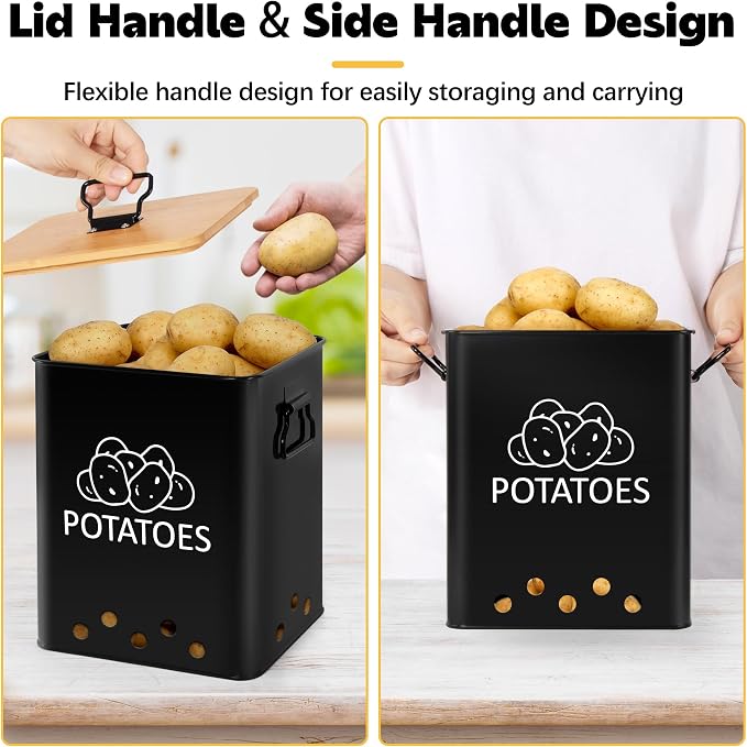 Potato and Onion Storage Bin, Set of 2 Vegetable Storage Tins with Wooden Lids & Side Handles, Dual-row Ventilation Holes, Farmhouse Metal Kitchen Canisters Sets, Black