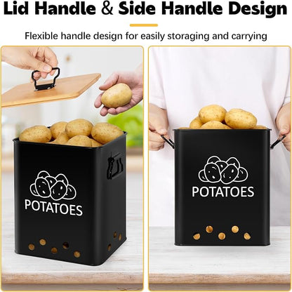 Potato and Onion Storage Bin, Set of 2 Vegetable Storage Tins with Wooden Lids & Side Handles, Dual-row Ventilation Holes, Farmhouse Metal Kitchen Canisters Sets, Black