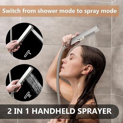 Shower Faucet Set Rainfall Shower System with Square Showerhead and Handle Set Fixture with 2 in 1 Function Handheld Sprayer Wall Mounted Trim Repair Kit Rough-in Valve 10 Inch Brushed Nickel