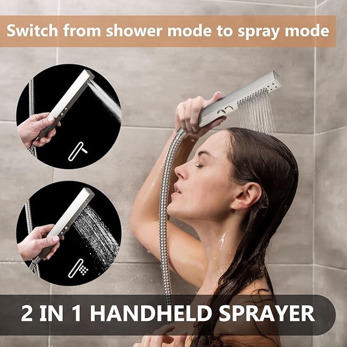 Shower Faucet Set Rainfall Shower System with Square Showerhead and Handle Set Fixture with 2 in 1 Function Handheld Sprayer Wall Mounted Trim Repair Kit Rough-in Valve 12 Inch Brushed Nickel