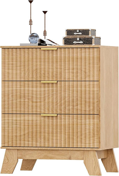 Fluted 3 Drawer Dresser for Bedroom, Mid Century Modern Beside Table with Metal Handle, Wooden Nightstand with 5 Drawers End Table for Living Room, Closet, Entryway, Oak