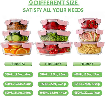 HOMBERKING Glass Food Storage Containers with Lids, [18 Piece] Glass Meal Prep Containers, Airtight Lunch Bento Boxes, BPA-Free & Leak Proof (9 lids & 9 Containers) - Pink