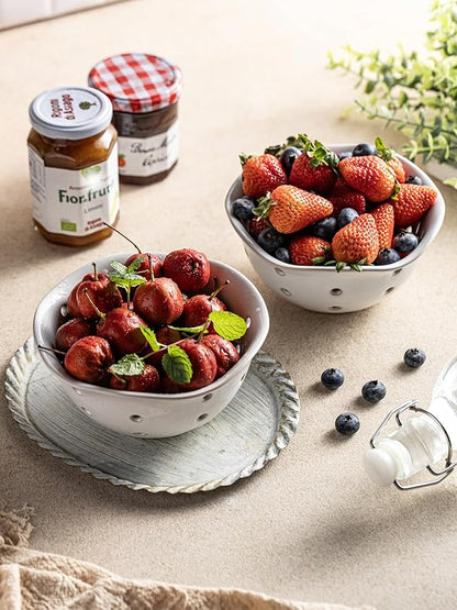 Gomakren Ceramic Berry Basket Set of 2, Elegant Fruit Basket Container 6 Inch, Fruit Bowl with Holes for Kitchen Counter, Berries, Strawberry, Grape, Cherry, Floral Shape - White