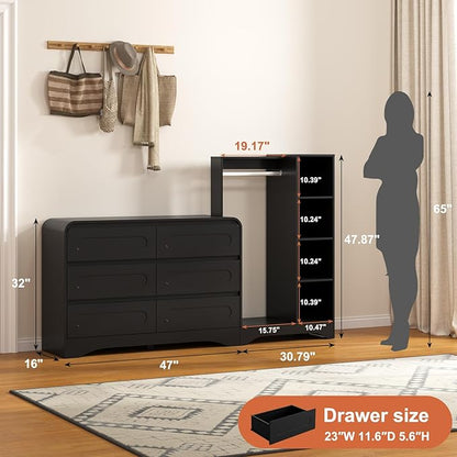 Dresser with Clothes Hanging Rack, Pre-Installed Slides for Fast Installation, 3-in-1 Wardrobe Closet with Drawers and Shoe Shelves, Modern Wood Storage Armoire for Bedroom, Black
