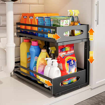 Under Sink Organizer, 2 Tier Under Sink Organizers and Storage, Adjustable Height, Slide out Metal Cabinet Organizers, Pull out Cabinet Storage Drawer Shelf for Kitchen Bathroom Black 1Pack