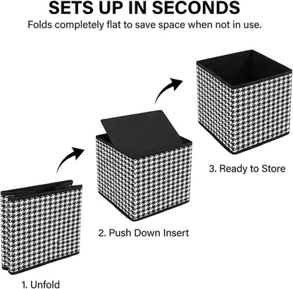 Household Essentials Foldable Fabric Storage Cubes 6-Pack – 11x11x11 Stackable Non-Woven Bins with Chipboard Sides & Grommet Handles – Closet, Shelf, Nursery, or Office Organizer – Houndstooth