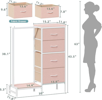 Dresser with Hanging Rack, 4 Drawers Small Closet for Bedroom, Reversible Fabric Kids Chest of Drawers with Clothes Rack, Tall Storage Tower, Sturdy Frame, Pink, 44''H