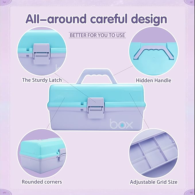 TERGOO 12in 3-Layer Plastic Craft Organizers and Storage, Portable Folding Tackle Box with Handle & Adjustable Dividers, Multipurpose Case for Sewing, Art Supplies, Medicine, Tools (Purple Blue)