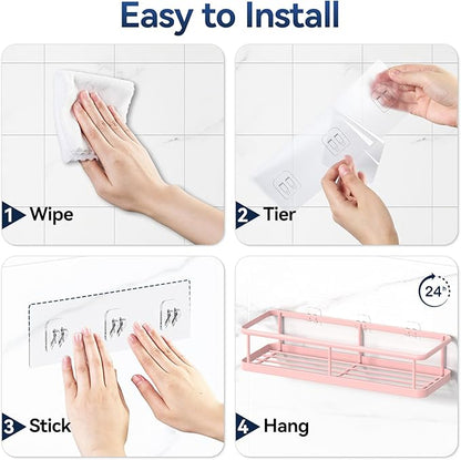 YASONIC Shower Caddy Adhesive, No Drill Bathroom Shower Organizers, with Removable Hooks, Rust Proof Shower Shelves, Wall-Mounted Shower Holder, Pink, 2 Pack