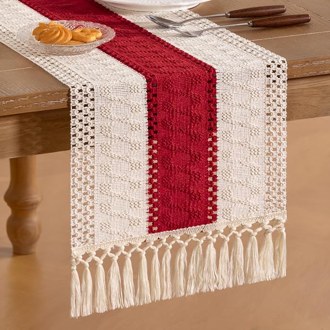 Socomi Boho Table Runner Valentine's Day Farmhouse Rustic Dining Kitchen Centerpiece Decor Small Macrame Woven Cotton Linen Coffee Table Runner for Dresser Scarf Home Decor 12x36 in Red Ivory
