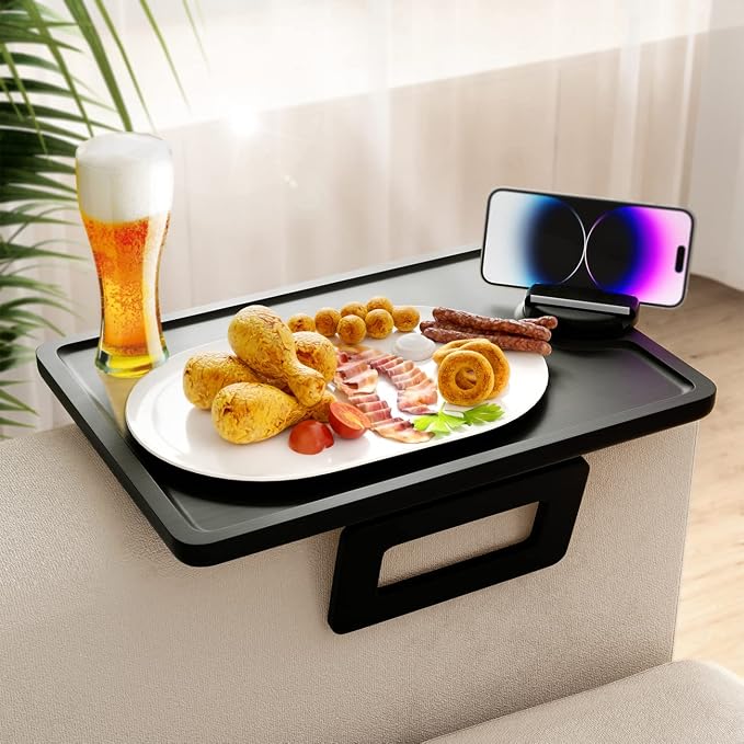 Smatdecis Couch Arm Tray Table Sofa Arm Clip, Armrest Tray Table Suitable for Home Drinks/Fast Food/Fruit Etc, Large Size Multi-Function Black(360° Rotating Stand A)