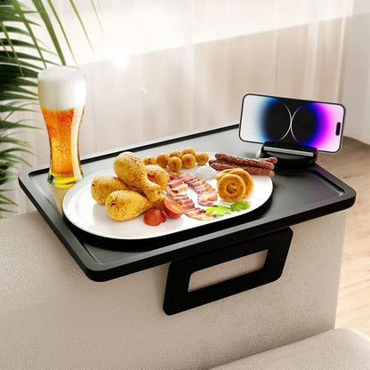 Smatdecis Couch Arm Tray Table Sofa Arm Clip, Armrest Tray Table Suitable for Home Drinks/Fast Food/Fruit Etc, Large Size Multi-Function Black(360° Rotating Stand A)