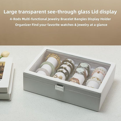 Bracelets Organizer Rods Bangles Display Holder, Clear See through Lid Leather Velvet Jewelry Storage Box Case for Women, 4 Rods White Leather
