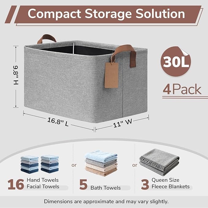 CHICVITA 4 Pack Large Storage Baskets for Shelves, Foldable Storage Bins for Clothes Towels Organization, Toy Organizer Bins for Nursery, Living Room, 16.8" x 11" x 9.8", Gray