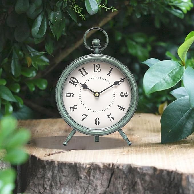 MACVAD EMAX Home Vintage Green Rustic Retro Table Clock, Silent Non-Ticking, Battery Operated, 10.5"H, 7.28"W, Green Dial, Tabletop, Indoor, Kitchen