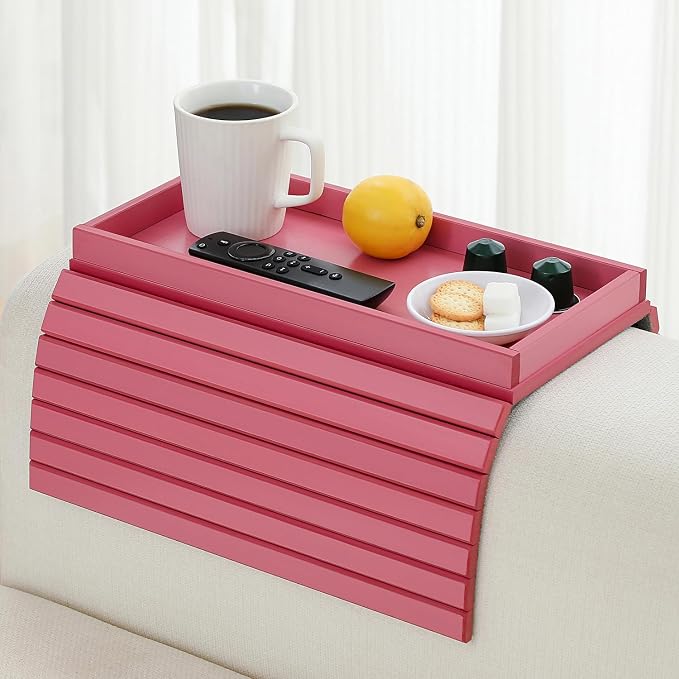 Bamboo Couch Arm Tray Table，Foldable Sofa Armrest Tray Table for Couch，Flexible and Anti-Slip Couch Arm Cup Holder，Portable Sofa Arm Chair Table for Drink,Cups, Eats，Snacks, Phone, Remote (Pink)