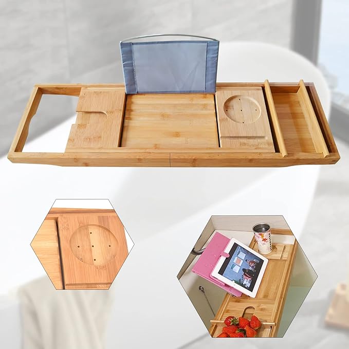 Bamboo Bathtub Tray Expandable Bathroom Tray for Home Spa Relaxation, Premium Foldable Wood Bath Table, Soap Dish, Book, Phone & Tablet Holder, Wine Glass Slot - Relaxing Bath Caddy