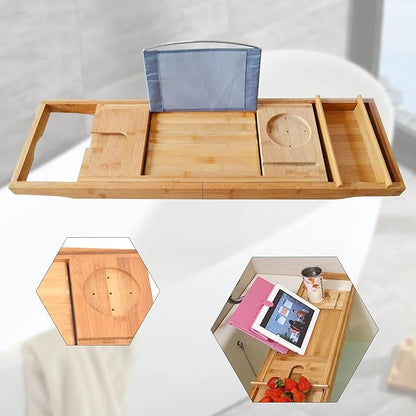Bamboo Bathtub Tray Expandable Bathroom Tray for Home Spa Relaxation, Premium Foldable Wood Bath Table, Soap Dish, Book, Phone & Tablet Holder, Wine Glass Slot - Relaxing Bath Caddy
