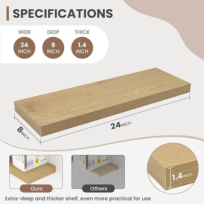 Acovy 24 Inch Floating Shelves, 8 Inch Deep Floating Shelves for Wall, Hanging Shelf with Invisible Brackets, Deep Shelves for Bathroom, Bedroom, Living Room, Oak, Set of 2