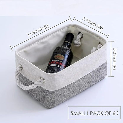 Fabric Storage Bins 12x8x5 inch [6-Pack] with Rope Handles - Decorative Baskets for Organizing