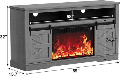 JUMMICO Fireplace TV Stand for 65+ Inch TV with 26'' Fireplace Entertainment Center with Storage Cabinet and Adjustable Shelves Media Console with Sliding Barn Door for Living Room (Pale Gray)