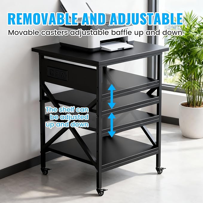 TUMAN Pro Large Printer Stand with Power Outlet and Storage 3 Tier Mobile Rolling Cart with Locking Casters 23.6 x 23.6 x 30 Inches Home Office Black
