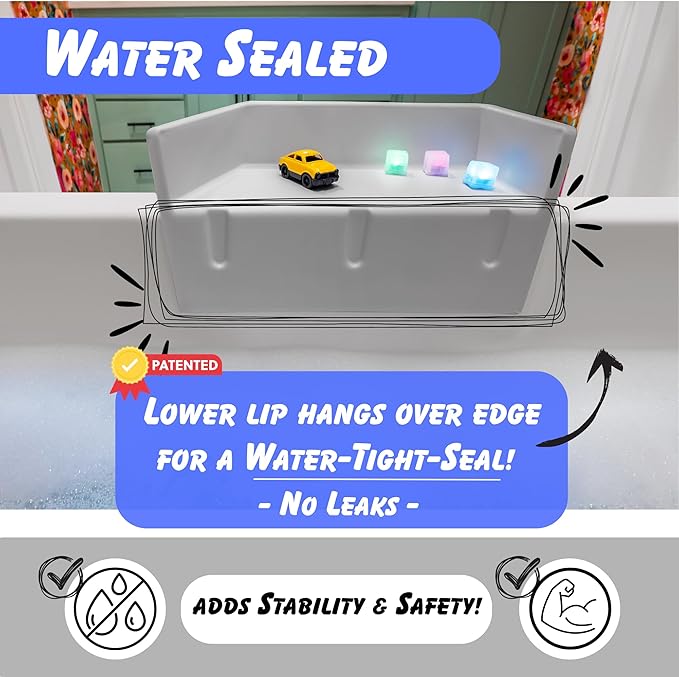 Tub Topper® Mini Bathtub Splash Guard for Kids - Compact Bath Splash Guard & Tub Play Shelf - Easy to Remove, Store & Clean - Patented Lip Design, Non-Silicone, BPA-Free, Made in USA (Gray)