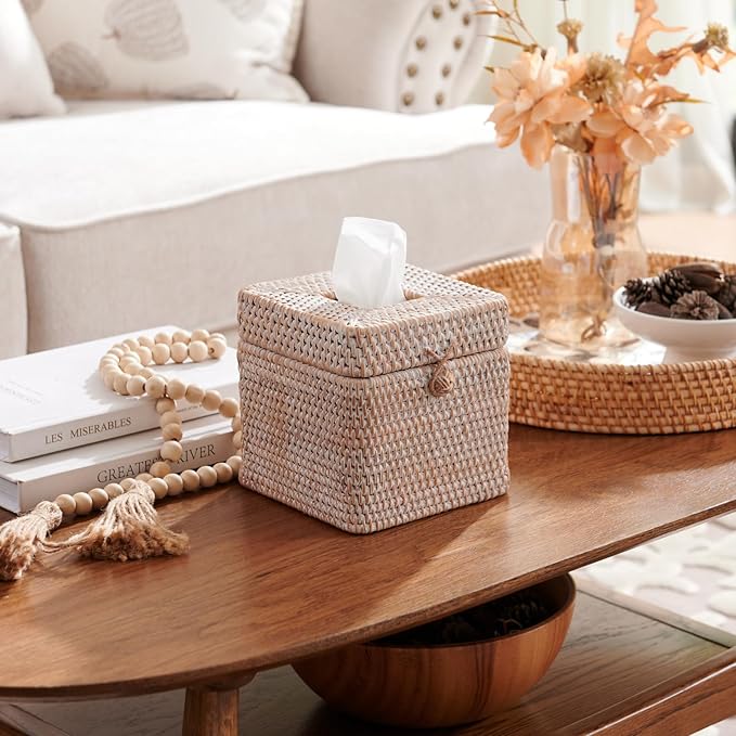 Rattan Square Tissue Box Cover, 5.7" x 5.7" x 5", Decorative Woven Facial Tissue Holder with Hinged Top Lid, Whitewash