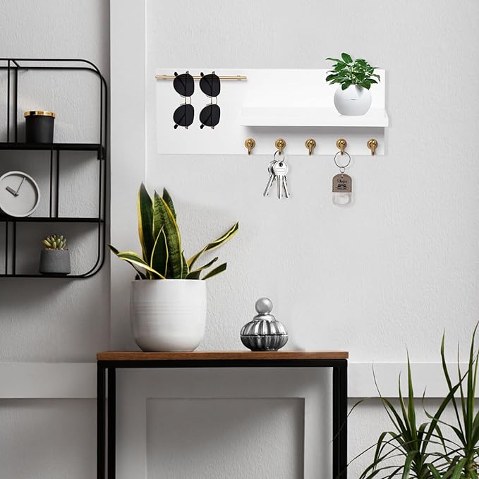 SANY DAYO HOME Real Wood Key Holder Rack Wall Mount 16 x 6 inches White and Gold Entryway Shelf with 5 Hooks, Metal Sunglass Bar, and Floating Board for Keychain, Purse
