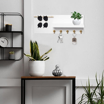 SANY DAYO HOME Real Wood Key Holder Rack Wall Mount 16 x 6 inches White and Gold Entryway Shelf with 5 Hooks, Metal Sunglass Bar, and Floating Board for Keychain, Purse