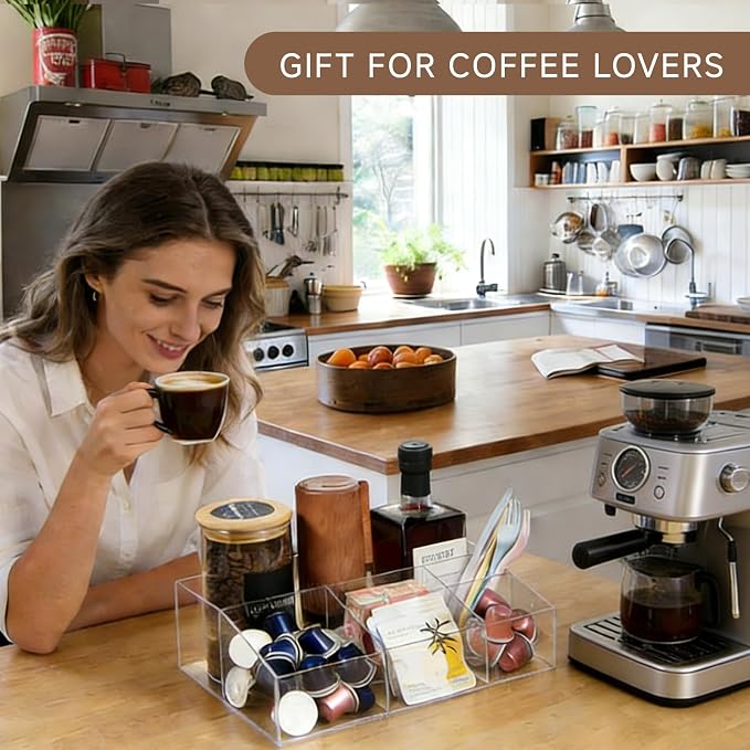 Acrylic Coffee Bar Station Organizer for Countertop Office Breakroom, Clear Tea Snack Storage Coffee Capsule Pod Holder for Kcup Condiment Sugar Creamer Syrup, Easter Gift for Coffee Lovers