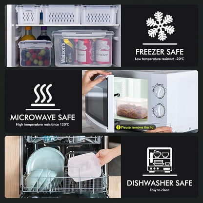 HOTEC 4-Pack Large Fruit Storage Container for Fridge Leak proof with Removable Colander, BPA Free Dishwasher & microwave safe Largest 3.15L