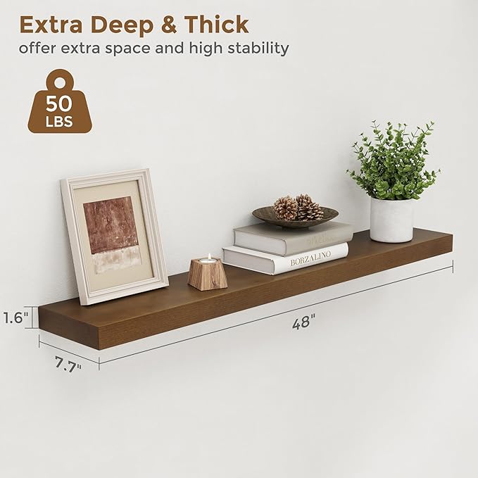 Marsmiles 48 Inch Wood Floating Shelves | Rustic Dark Wood Wall Shelves Set of 1 | 48" W x 7.7" D x 1.6" H Wooden Shelves for Bathroom Living Room Kitchen