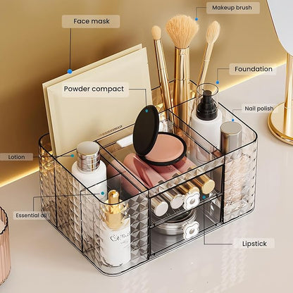 Makeup Organizer with Drawers and Clear Storage - Vanity Counter Organizer and Bathroom Countertop for Makeup Brush, Lipsticks, Nail Polishes, Perfumes, Eyeshadow Palettesand Cosmetics