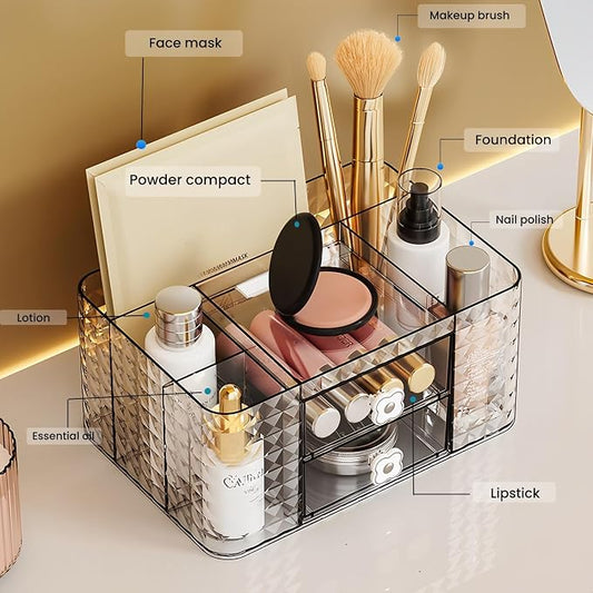 Makeup Organizer with Drawers and Clear Storage - Vanity Counter Organizer and Bathroom Countertop for Makeup Brush, Lipsticks, Nail Polishes, Perfumes, Eyeshadow Palettesand Cosmetics