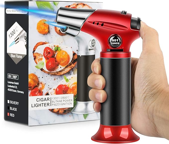 Blow Torch, Home-Grade Kitchen Cooking Torch with Lock Adjustable Flame Refillable Mini Blow Torch Lighter for BBQ, Baking, Brulee Creme,Light Cooking Tasks,DIY Soldering (Butane Gas Excluded)