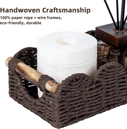 CubesLand Bathroom Basket Organizer w/Cut Out Handle, Back of Toilet Paper Storage Baskets for Bathroom Countertop Decorative, Small Scalloped Wicker Basket Also for Home Decor, Living Room, Brown