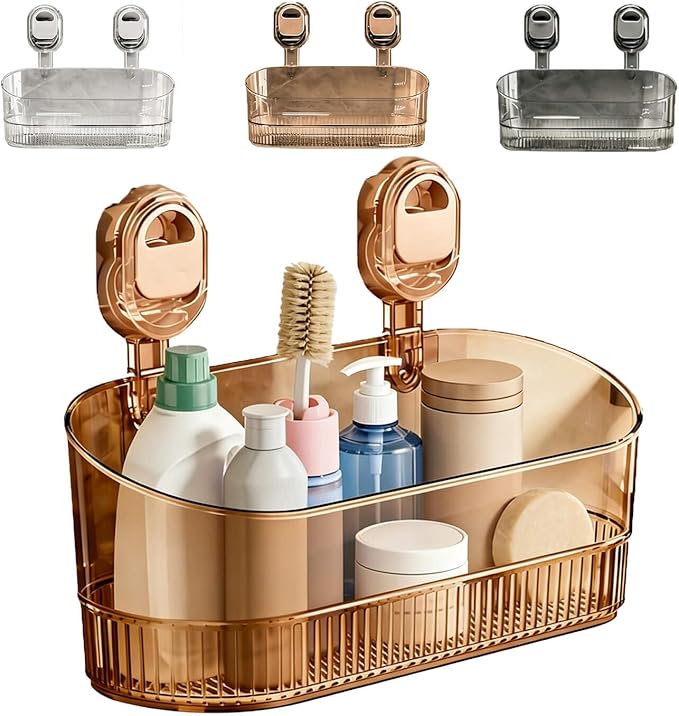 No-Drill Bathroom Suction Storage Box, Large Capacity Suction Cup Shower Shelf and Removable No Drill Storage Basket with Drain Holes, Strong Hold Wall Organizer for Bathroom Shower Kitchen Sink