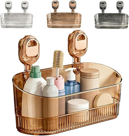 No-Drill Bathroom Suction Storage Box, Large Capacity Suction Cup Shower Shelf and Removable No Drill Storage Basket with Drain Holes, Strong Hold Wall Organizer for Bathroom Shower Kitchen Sink
