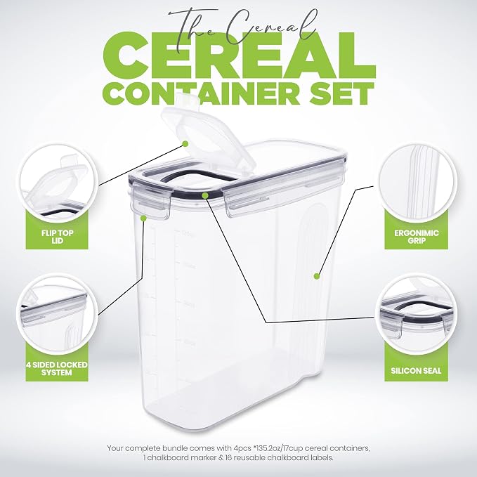 Utopia Kitchen Cereal Containers Storage Set – 6 Pack 4L(135.2 oz) Airtight Food Storage Containers with Lids, BPA-Free Cereal Dispensers for Pantry Organization and Storage (Clear)