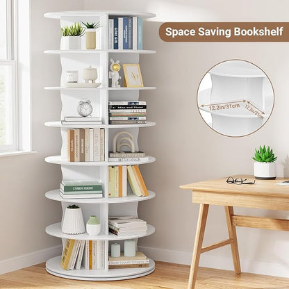 5-Tier Rotating Standing Shelf Unit with Dividers, 360° Storage Display Tower Vertical Floor Organizer, for Bedroom, Closet, Entryway & Office, Ideal for Shoes, Cosmetics & Handbags, White