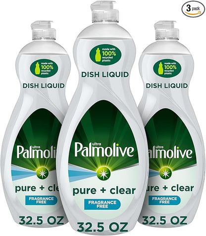 Palmolive Ultra Dishwashing Liquid Dish Soap, Pure + Clear Fragrance Free - 32.5 Fluid Ounce (Packaging may vary) (Pack of 3)