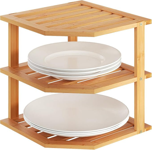 3 Tier Bamboo Corner Shelf,Dish Drying Rack,Plate Organizer,Kitchen Spice Rack for Countertop and Cabinet