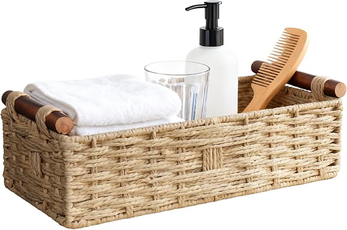 Toilet Tank Basket, Khaki Wicker Storage Basket with Wooden Handles, Handwoven Paper Rope Toilet Tank Organizer, Basket for Top of Toilet, Bathroom Countertop Baskets for Organizing