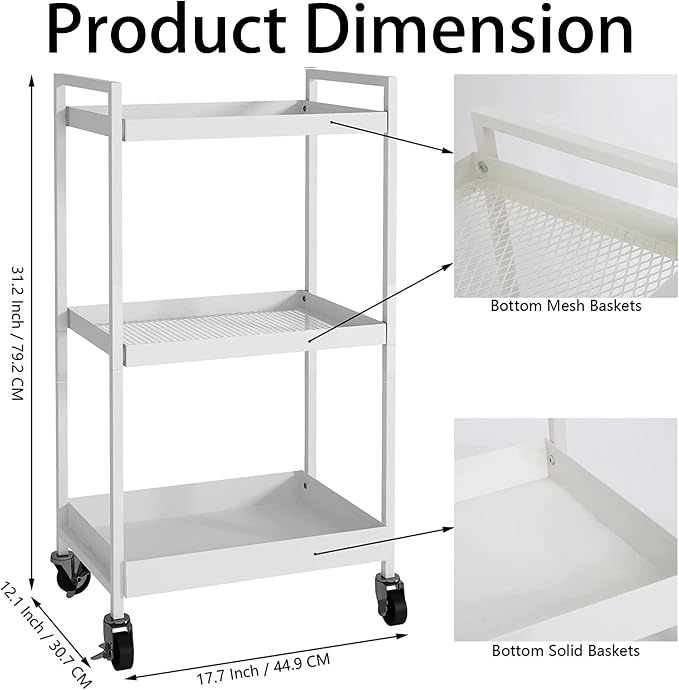 3-Tier Metal Utility Rolling Cart, Heavy Duty Multifunction Rectangular Cart with Lockable Casters, Kitchen Storage Carts Suitable for Office, Bathroom, Kitchen - White