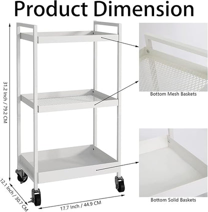 3-Tier Metal Utility Rolling Cart, Heavy Duty Multifunction Rectangular Cart with Lockable Casters, Kitchen Storage Carts Suitable for Office, Bathroom, Kitchen - White