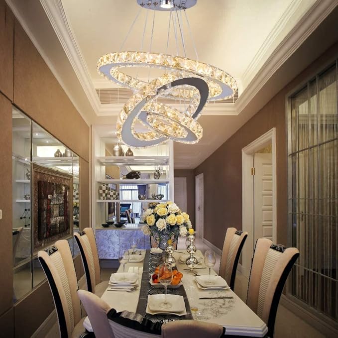 Modern Crystal Chandeliers LED Chandelier Fixtures 3 Rings Round DIY Pendant Lighting Stainless Steel Adjustable Chandelier Ceiling Light for Dining Room Bedroom Living Room (3 Colors)