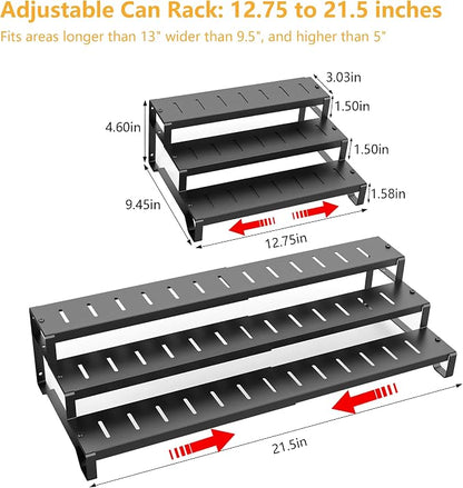 Attelite 3 Tier Expandable Can Rack Organizer for Pantry, Adjustable 13"-21" Metal Soda Can Organizer, Pantry Organization Canned Food Storage Holder for Kitchen Cabinet Countertop, Black 1Pack