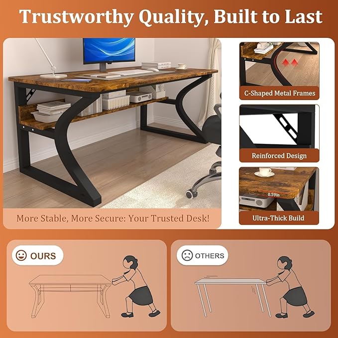 AZN Computer Desk, 55'' Computer Desk, Home Office Desks w/Storage, Home Office Desks w/U-Size Metal Frame for Home Office Bedroom, Study Writing Work Table w/Water-Resistant, Scratchproof Surface