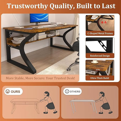 AZN Computer Desk, 55'' Computer Desk, Home Office Desks w/Storage, Home Office Desks w/U-Size Metal Frame for Home Office Bedroom, Study Writing Work Table w/Water-Resistant, Scratchproof Surface